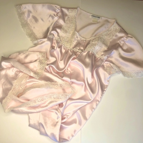Vintage Dior Nightgown Pink Lace Cap Sleeves Round Neck Long Length Silky 48” - Picture 4 of 14